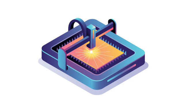 Isometric 3d printer with colorful filament creating a small object Vector