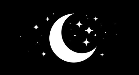 blackbackground, crescentmoon, stars, minimalist, moon, night, celestial, white, astronomy, space, dreamy, icon, lunar, simple, vector, illustration, wallpaper © zpixel