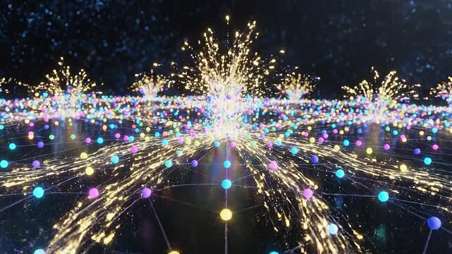 Colorful illustrative 3D animation of neural network concept. Abstract digital network visualization with colorful glowing nodes and connecting light trails on dark background
