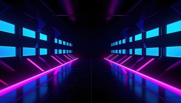 T&uacute;nel futurista sim&eacute;trico con luces de ne&oacute;n p&uacute;rpura y azul que crean un camino vibrante hacia la oscuridad desconocida