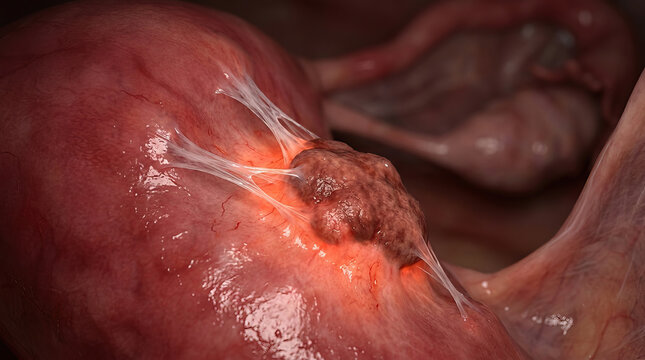 Endometrial tissue growth on uterus surface causing inflammation and adhesions, detailed medical illustration showing reproductive organ condition with realistic texture and color