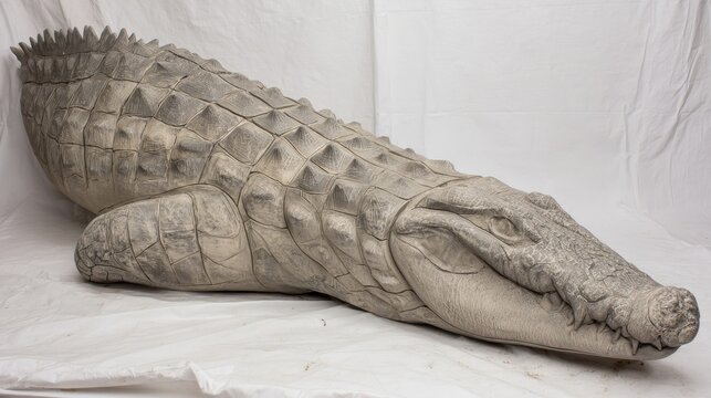 Detailed close-up of a powerful, scaly crocodile skin texture against a neutral background, showcasing its ancient, formidable design