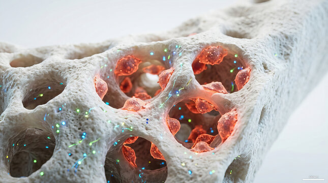 3D illustration of porous bone tissue with red bone marrow cells inside, showing detailed microscopic biomedical scene with glowing particles, highlighting bone structure and cellular activity