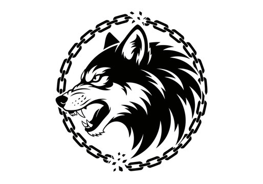 Aggressive wolf head with broken chain illustration on white background