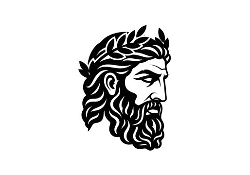 Ancient greek god zeus profile portrait black and white isolated on white