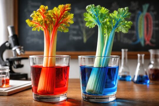 Visual demonstration of plant water transport mechanisms using dyed celery stems with red and blue colors