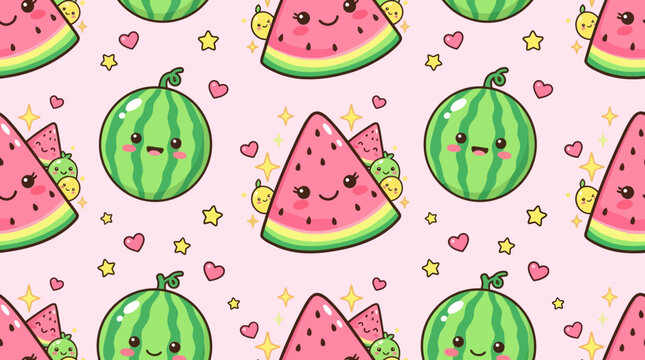 Cute cartoon watermelon pattern with smiling fruits and hearts on pink background