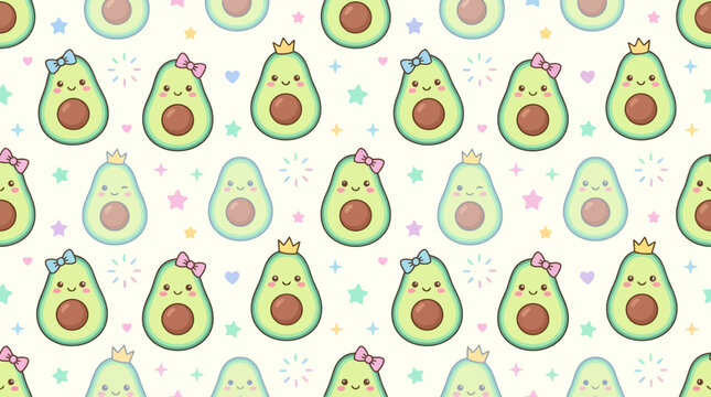 Kawaii Avocado Pattern with Smiling Faces and Colorful Stars