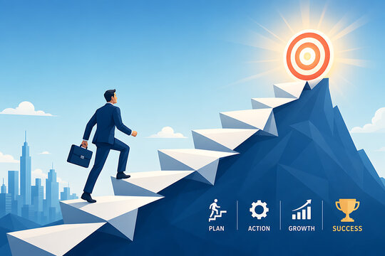 Businessman climbing mountain to reach target goal with briefcase