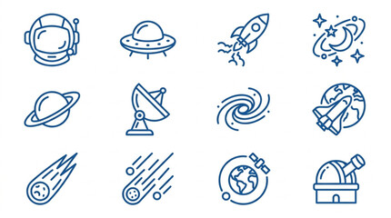Collection of Space and Astronomy Icons in Blue Outline Style. © Dersa