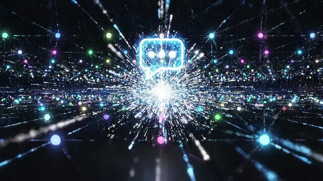 Colorful illustrative 3D animation of neural network concept. Bright futuristic digital network explosion with colorful glowing data points and connection lines