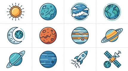 Collection of Hand Drawn Space Objects and Planets. © Dersa