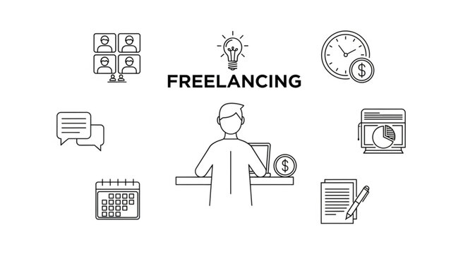 A man works as a freelancer at his desk with a laptop and clock