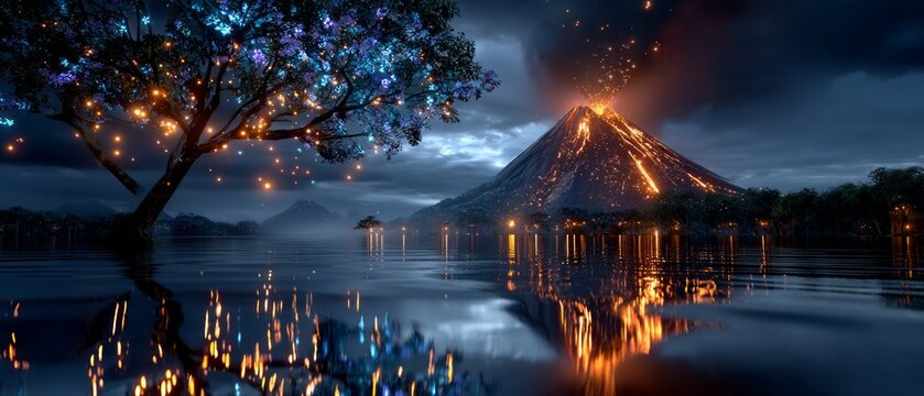 This fantastical landscape, featuring a volcano and a glowing tree, provides a dramatic backdrop for book covers, game worlds or concept art.