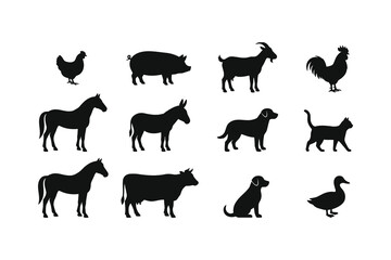 Fototapeta premium Black silhouettes of various farm and domestic animals