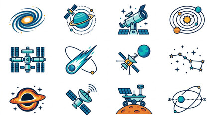 Collection of space and astronomy icons and illustrations. © Dersa