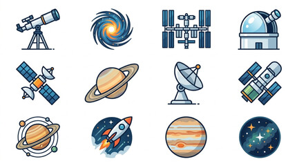Collection of Space and Astronomy Icons and Illustrations. © Dersa