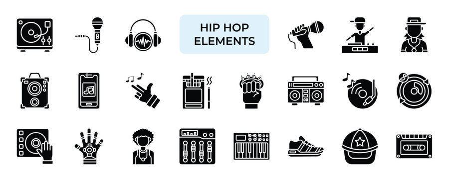Hip Hop Element Icon set Collection in Solid Glyph Style. breakdance, graffiti, turntable, microphone, beats, mc, dj, scratch