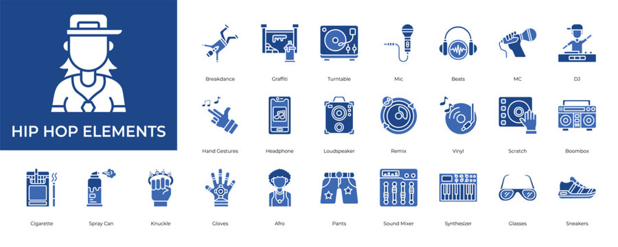 Hip Hop Element Icon set Collection in Glyph Two Color Style. breakdance, graffiti, turntable, microphone, beats, mc, dj, scratch