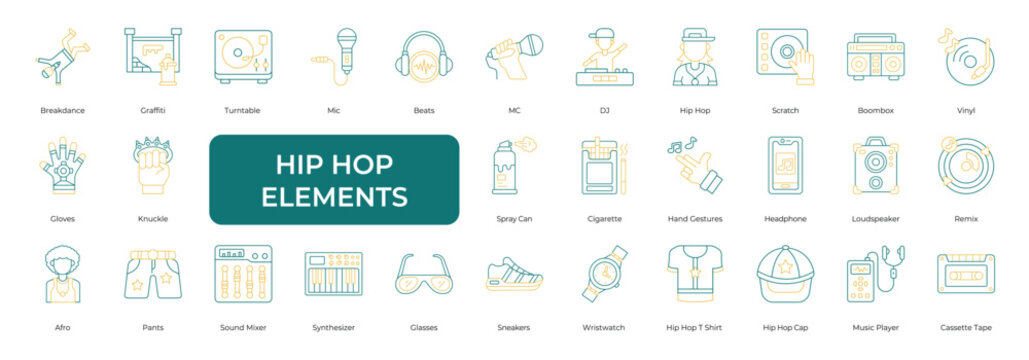 Hip Hop Element Icon set Collection in Line Two Color Style. breakdance, graffiti, turntable, microphone, beats, mc, dj, scratch