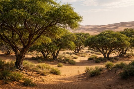 Evergreen Ghaf tree grove thriving in sand dune environment fighting desertification