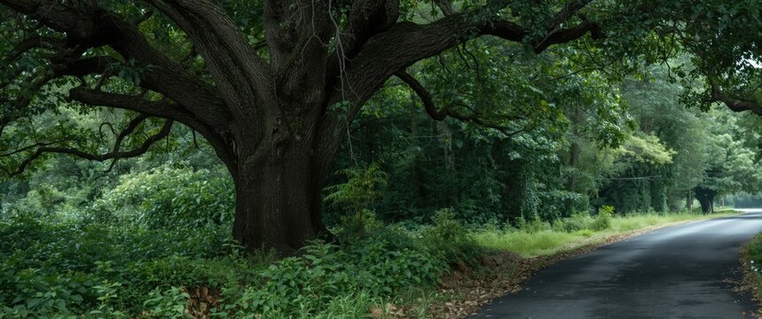 a prominent tree along the roadside surrounded by lush vegetation