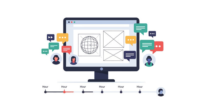 Web Development Collaboration Illustration with UI Wireframe, User Feedback Speech Bubbles and Project Timeline