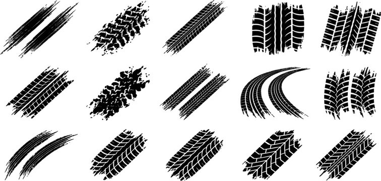Tire Track and Grunge Brush Texture Set with Vehicle Wheel Marks, Skid Trails, and Distressed Rubber Print Illustrations Collection