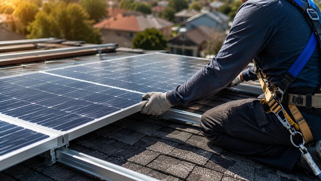Man installing solar panel on roof with safety harness outdoors