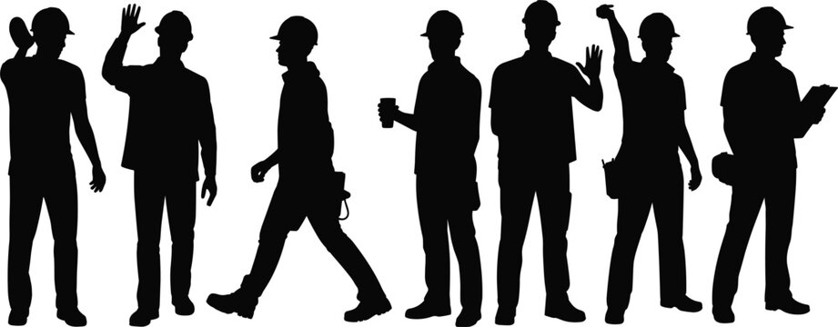 Silhouette collection of construction workers in various poses and actions on white background builder