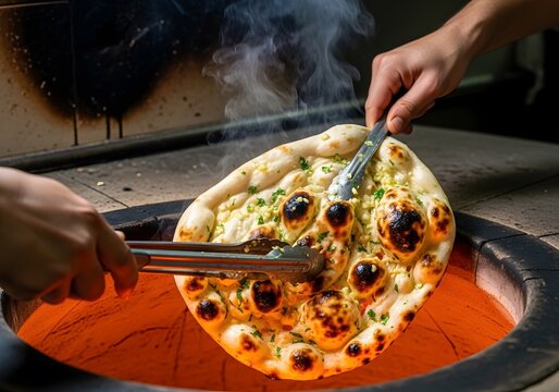 Fresh garlic naan bread being removed from a traditional tandoor oven