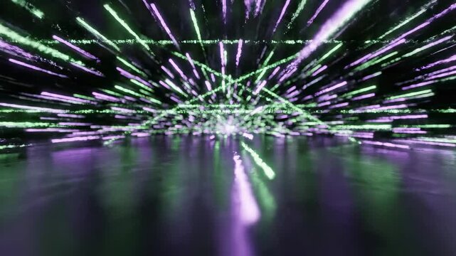 An immersive virtual reality tunnel experience unfolds with vibrant green and purple neon light streaks creating a dynamic and futuristic digital atmosphere, representing endless journeys