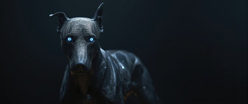 A synthetic dog representation featured in a low light backdrop