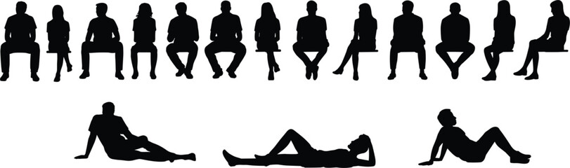 Collection of diverse black silhouettes of people sitting and lying down group © Mannan