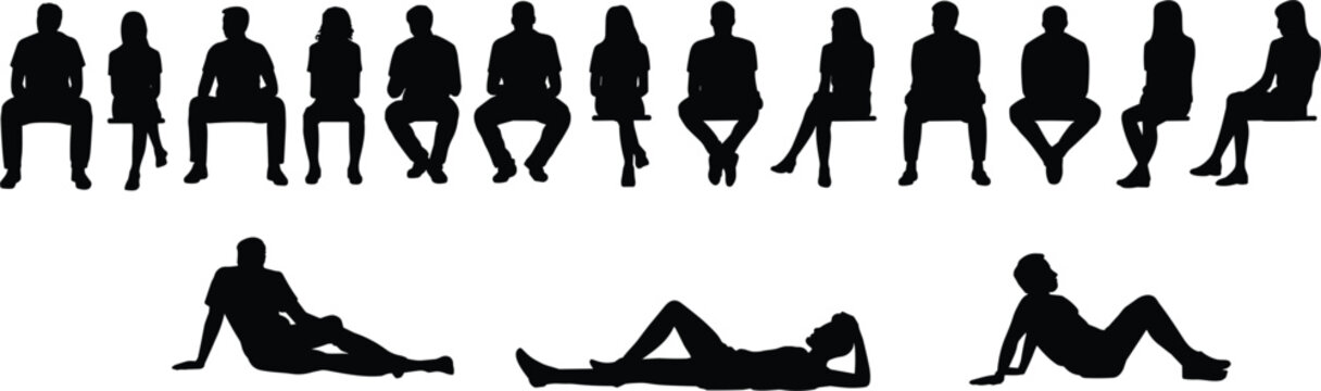 Collection of diverse black silhouettes of people sitting and lying down group
