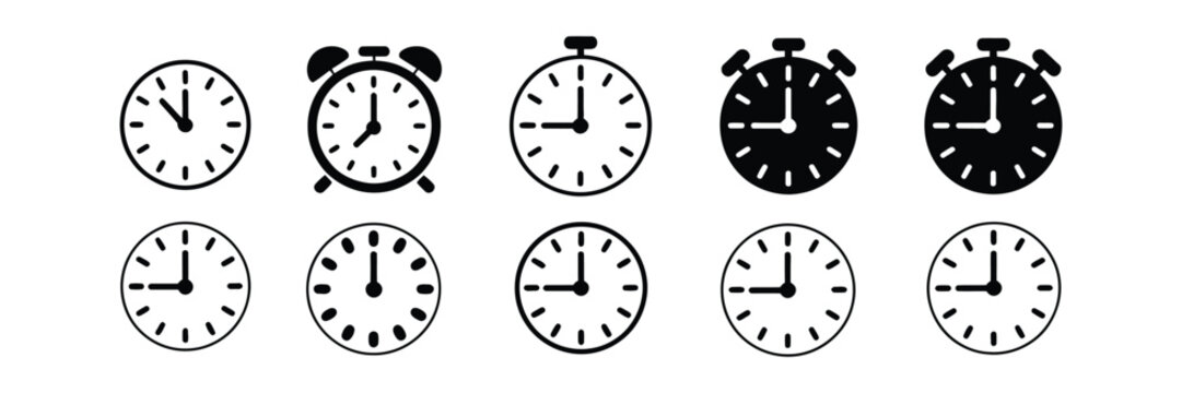 Clock and timer icons alarm schedule countdown stopwatch time management business counter line solid symbols vector illustration