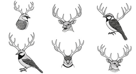 Obraz premium Creative collection of surreal illustrations depicts various birds and deer heads featuring identical large antlers.