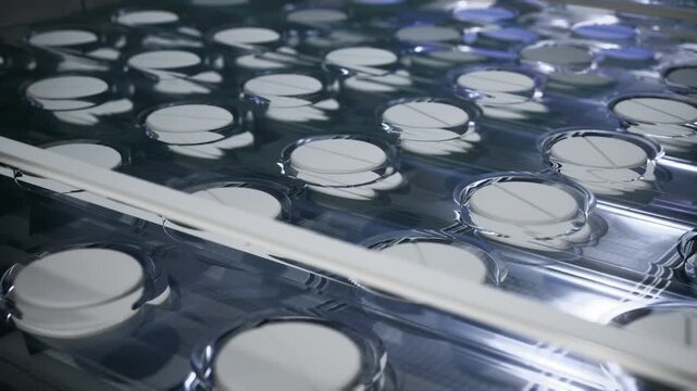 Close macro view of round white tablets packaged in clear blister trays at a pharmaceutical factory.