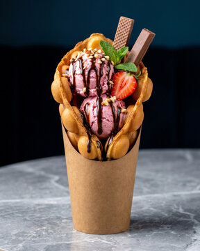 Commercial Food Photography of Golden Bubble Waffle Cone with Strawberry Ice Cream and Wafers