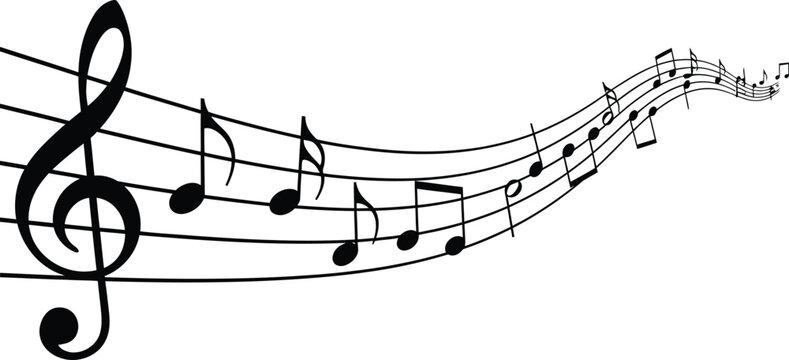musical notes and treble clef black silhouette on white background
