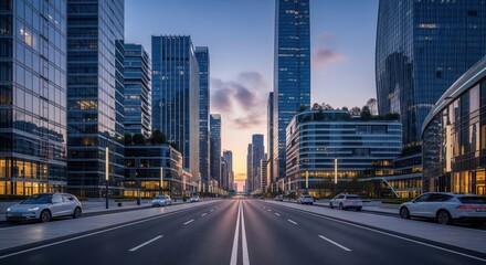 Fototapeta premium Modern Skyscrapers and Empty City Road at Twilight