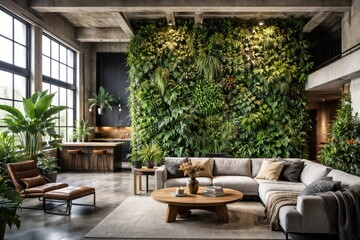 Fototapeta premium open concept loft with a dense vertical greenery wall enhancing indoor air quality