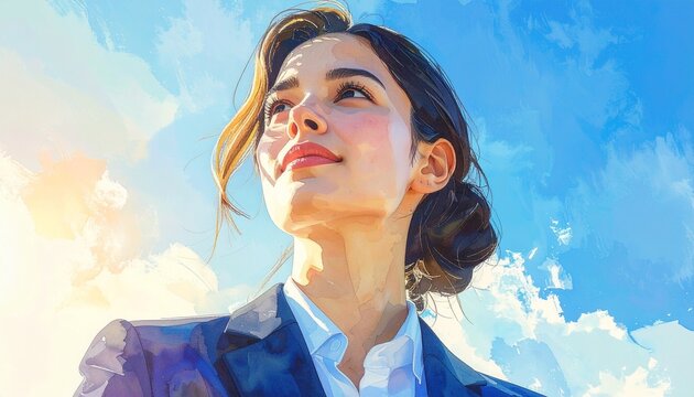 未来に希望を見出す、新人ビジネスウーマンの水彩画イラスト