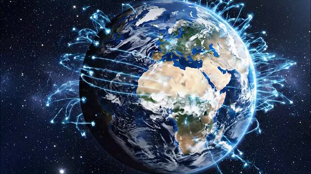 Dynamic earth globe with digital network connections in space showing global connectivity and technology infrastructure for business and communication themes