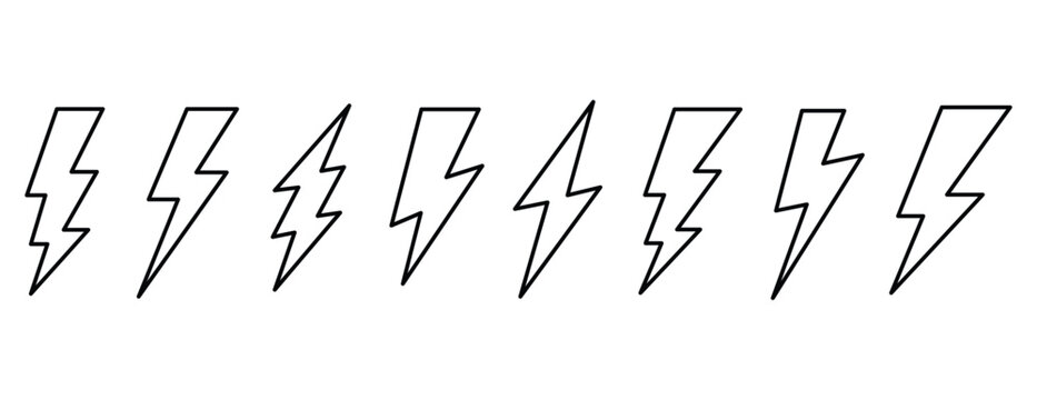Minimalist lightning bolt icon set, 8 black outline thunderbolt symbols, simple electric flash vector elements for power and energy concepts