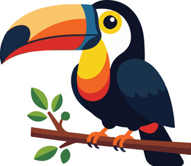 Fototapeta premium Colorful toucan perched on a branch with leaves isolated on white background