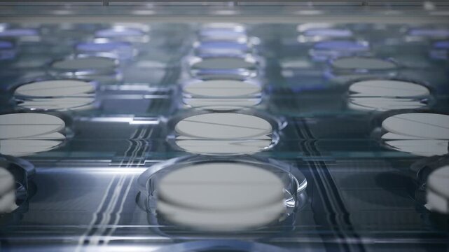 Extreme close up of a single large white scored tablet inside a clear blister pack. Cinematic pharmaceutical 3D.