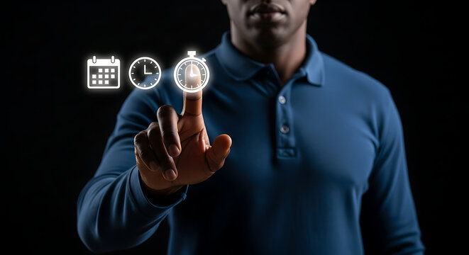 Man pointing at floating time management icons in dark studio setting with futuristic mood