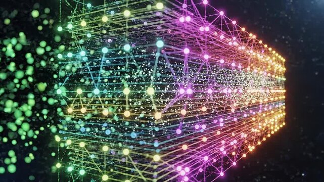 Abstract colorful digital network cube with glowing nodes and connected lines representing data technology