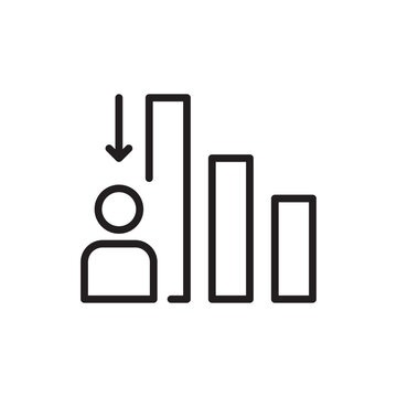 Churn rate vector icon featuring a customer profile with a downward pointing arrow next to decreasing bar chart graphs. Representing customer attrition, user loss, and business retention metrics.